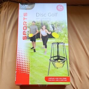 Crane Outdoor Disc Golf Set with Black Stand and Yellow Discs